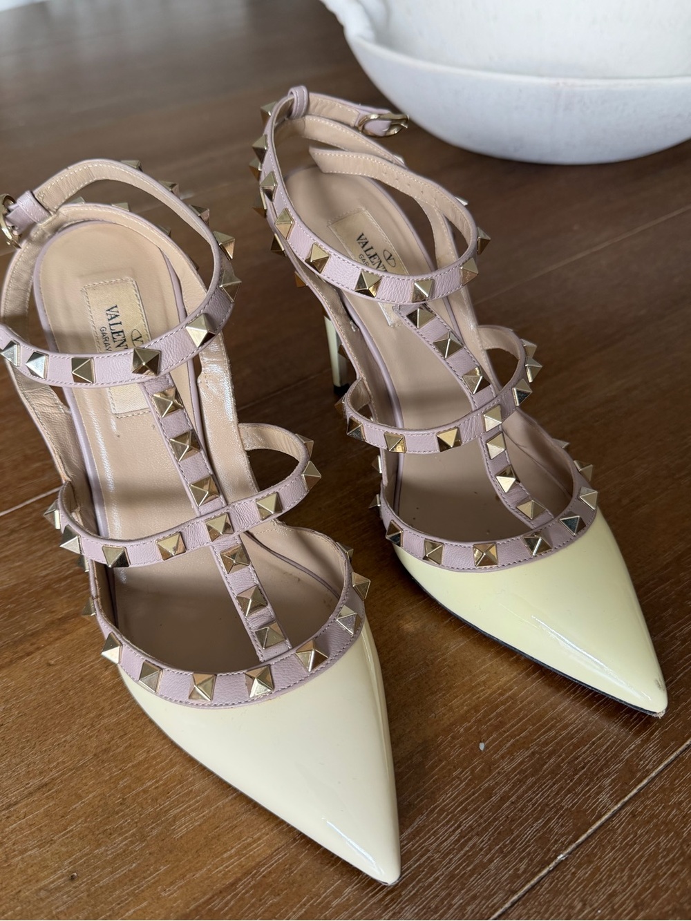 Valentino Garavani Yellow Patent & Blush Rockstud Strappy Pointed Heels